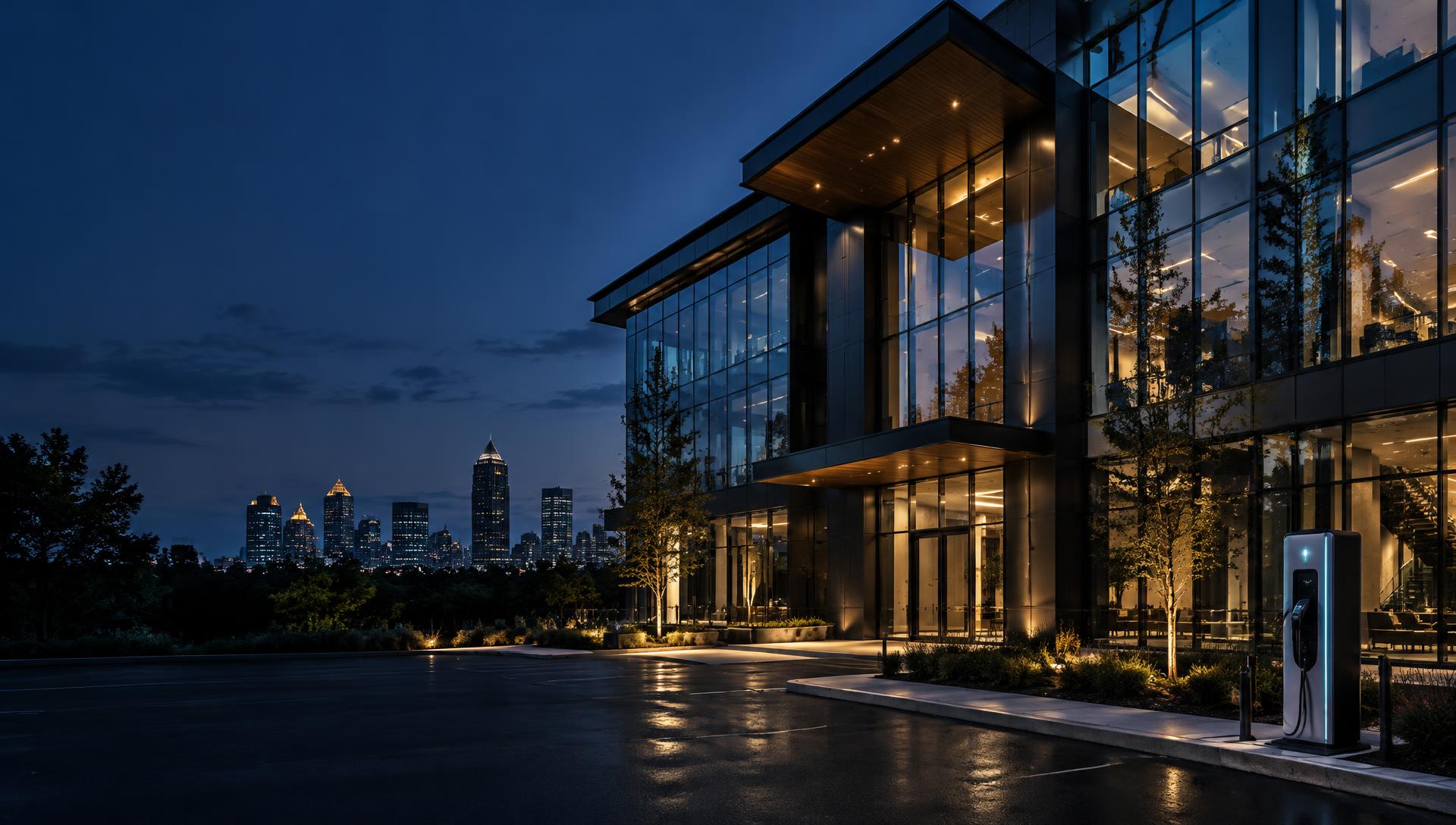 Modern Atlanta building with illuminated interiors and an EV charging station